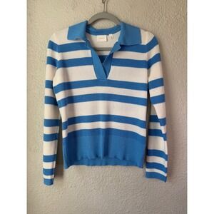 Cyrus Blue White Striped Knit Polo Sweater V-Neck Long Sleeve Small
